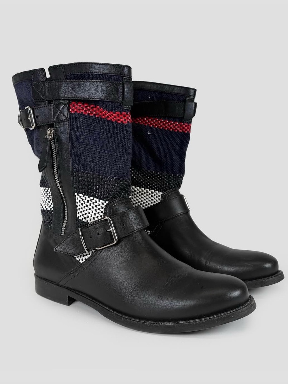 Burberry Black Leather Mid-Calf Boots with Navy, Red & White Knit